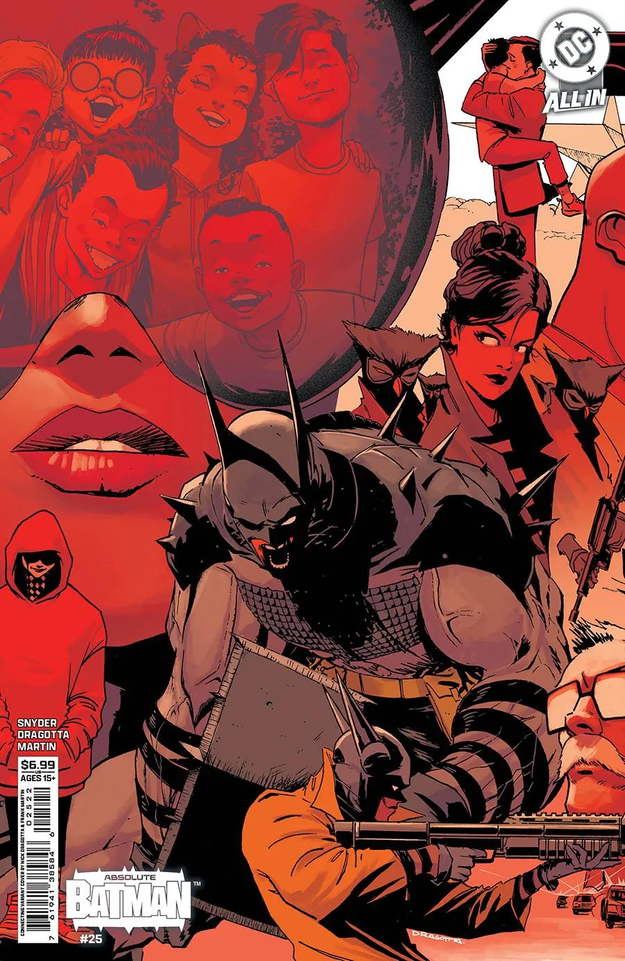 Portada de Absolute Batman #25: Batman con su armadura de pinchos, rodeado de sus amigos de la infancia