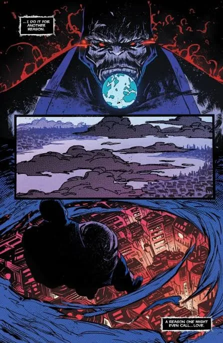 Darkseid sostiene la Tierra entre los dientes y afirma que lo hace por una razón que podría llamarse amor