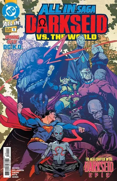 Portada de DC All In Saga: Darkseid vs. the World #1: Darkseid se alza sobre Superman y un joven Uxus
